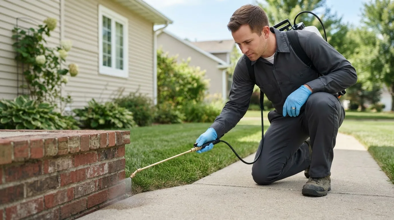 Pest control technician treating a home near Farmington, MI