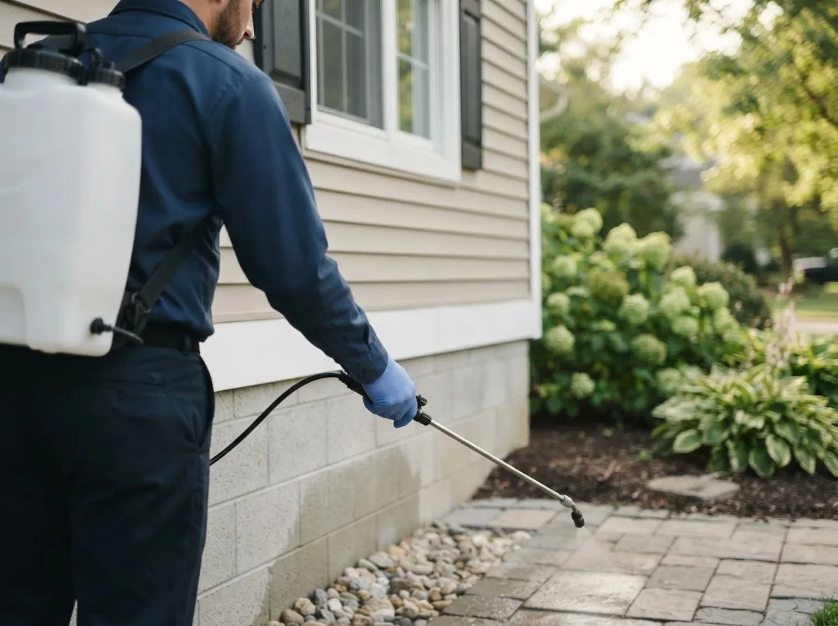Pest control technician inspecting a home in Farmington, MI